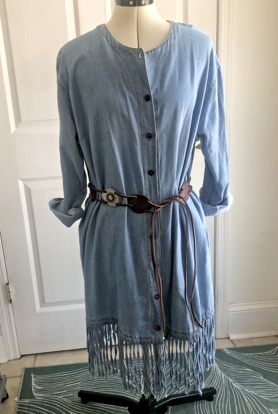 VTG CMC Chambray Denim Shift Dress duster jacket fringe hemline cowgirl boho 2X